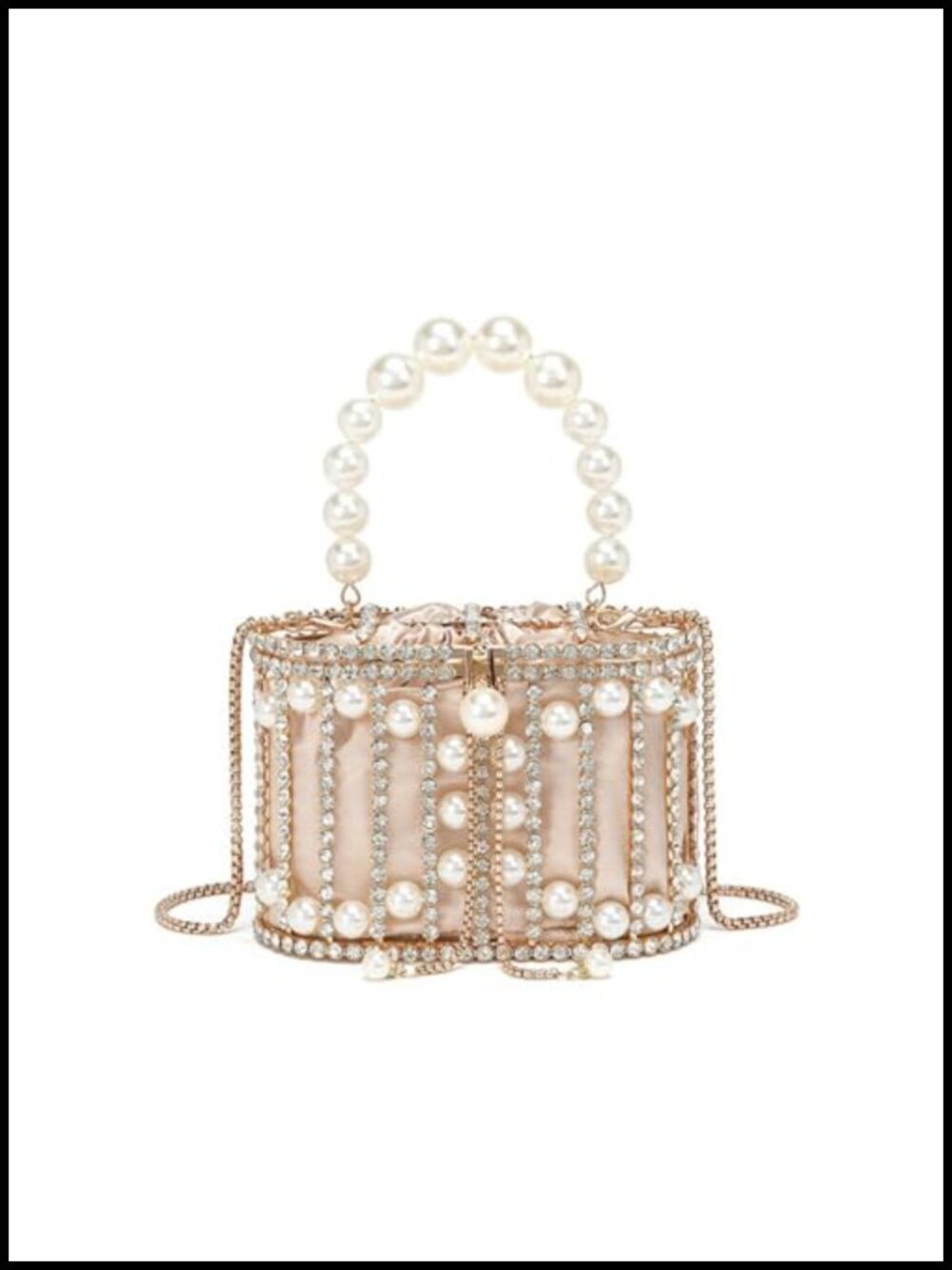 Rhinestone Cage Evening Clutch Pearl Handle Glitter Detachable Chain Basket
